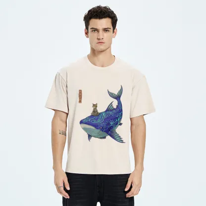 Tokyo-Tiger Cat Riding A Whale Washed T-Shirt