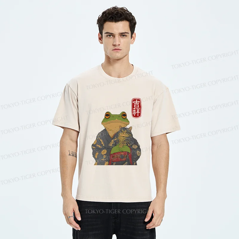 Tokyo-Tiger Frog Hugging Cat Washed T-Shirt