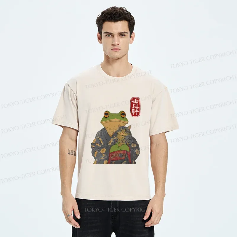 Tokyo-Tiger Frog Hugging Cat Washed T-Shirt
