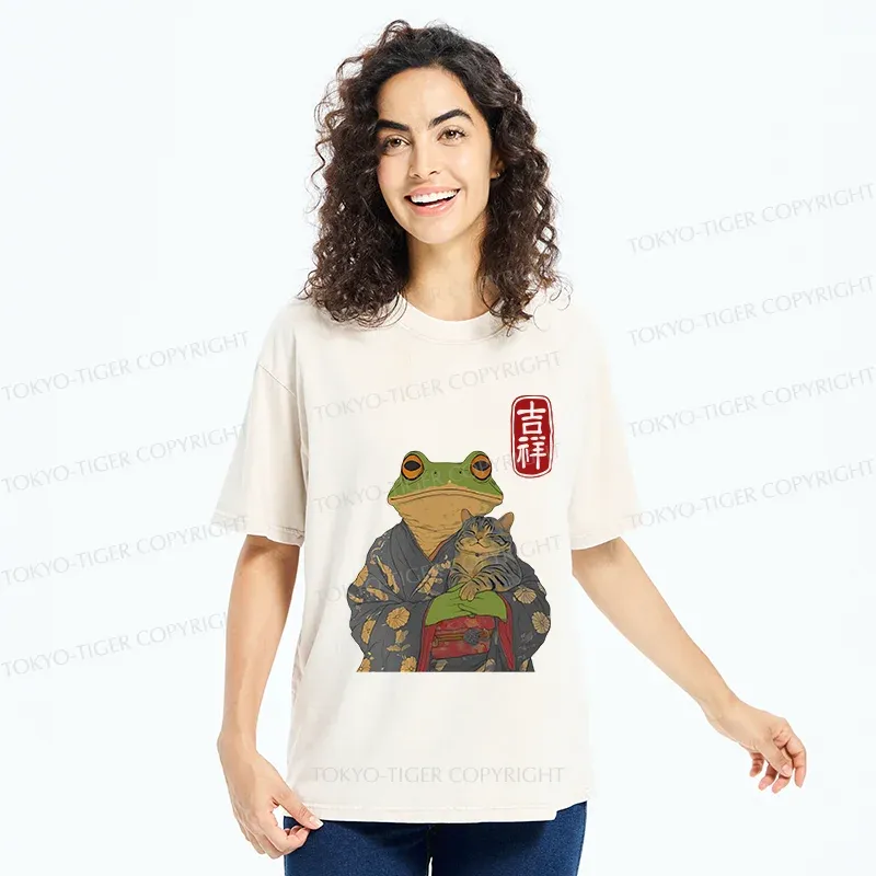 Tokyo-Tiger Frog Hugging Cat Washed T-Shirt