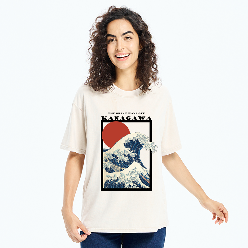 Tokyo-Tiger Minimalist Ukiyo-e Waves Washed T-Shirt