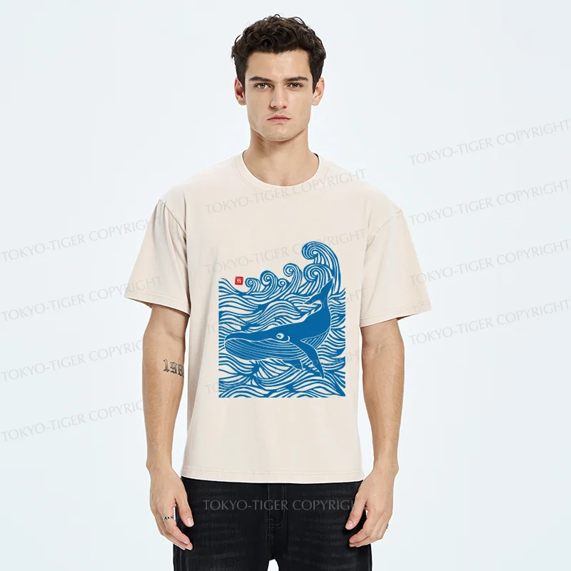 Tokyo-Tiger Woodcut Whale Washed T-Shirt