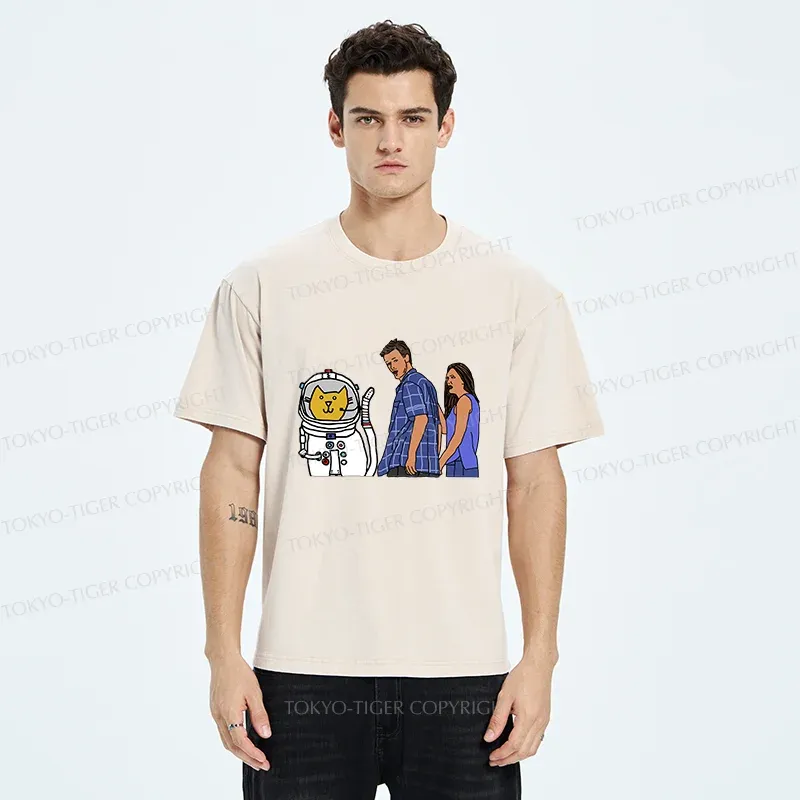 Tokyo-Tiger Funny Astronaut Cat Washed T-Shirt