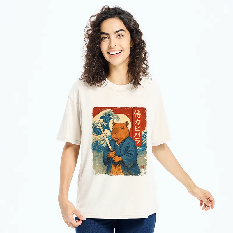 Tokyo-Tiger Capybara Japanese Samurai And Wave Washed T-Shirt