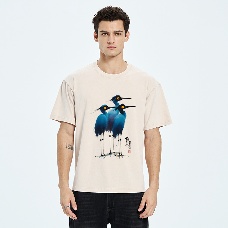 Tokyo-Tiger Great Blue Heron Ink Painting Washed T-Shirt