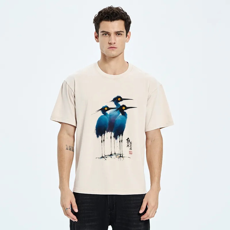 Tokyo-Tiger Great Blue Heron Ink Painting Washed T-Shirt