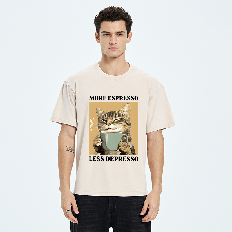 Tokyo-Tiger Cute Cat Drinking Coffee Washed T-Shirt