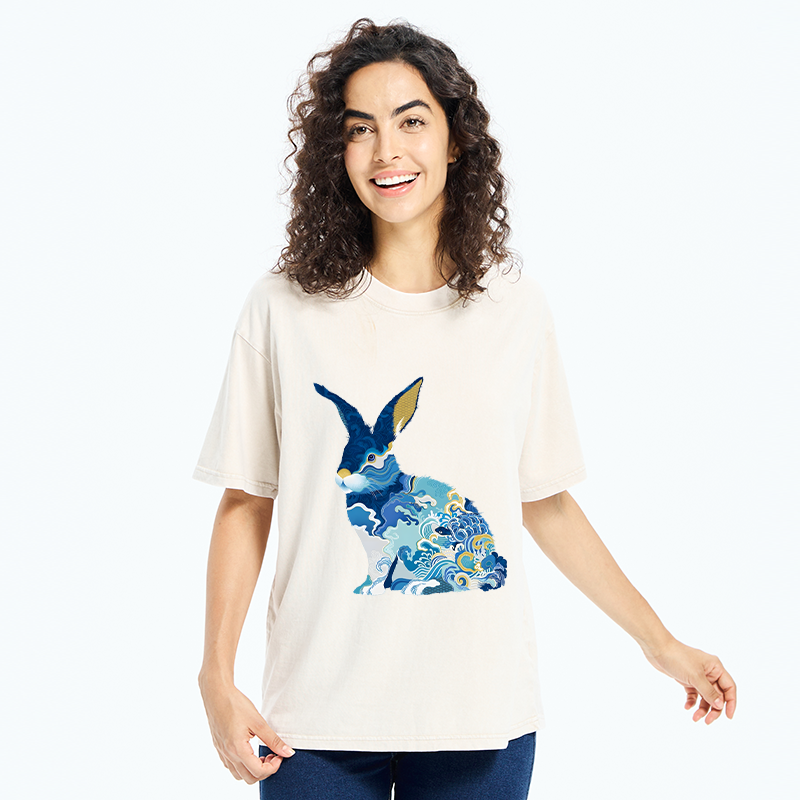 Tokyo-Tiger Japanese Traditional Patterned Rabbit Washed T-Shirt