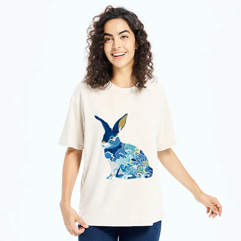 Tokyo-Tiger Japanese Traditional Patterned Rabbit Washed T-Shirt