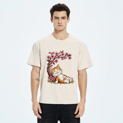 Tokyo-Tiger Cat Sleeps Under Sakura Washed T-Shirt