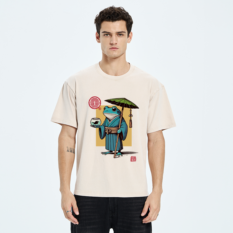 Tokyo-Tiger Green Frog Samurai Washed T-Shirt