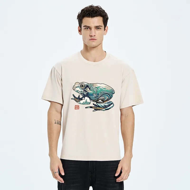 Tokyo-Tiger Frogs And Ukiyo-e Waves Washed T-Shirt