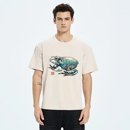 Tokyo-Tiger Frogs And Ukiyo-e Waves Washed T-Shirt