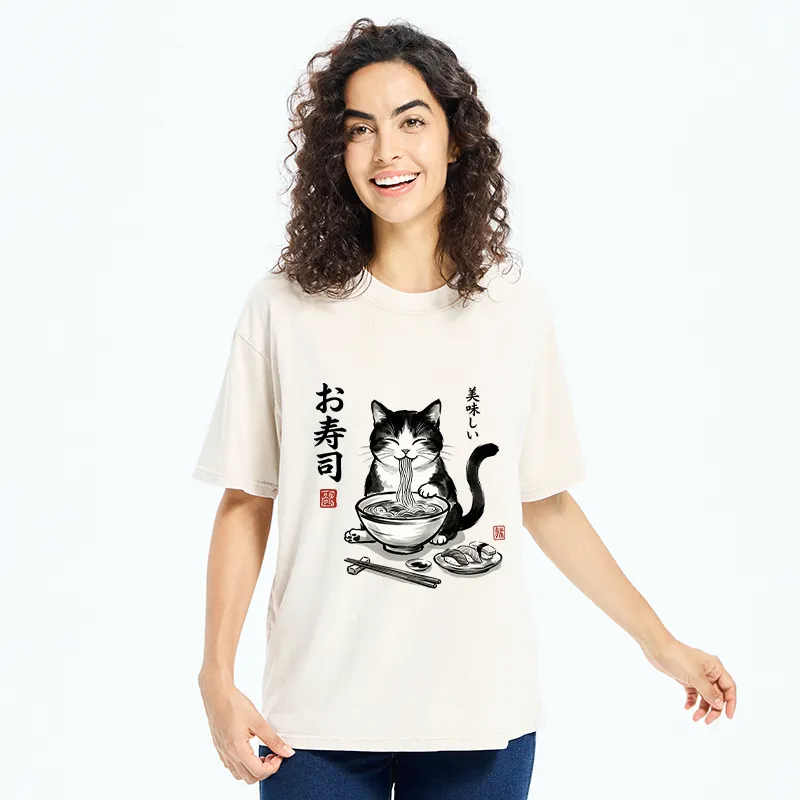 Tokyo-Tiger Cats Eat Japanese Food Washed T-Shirt