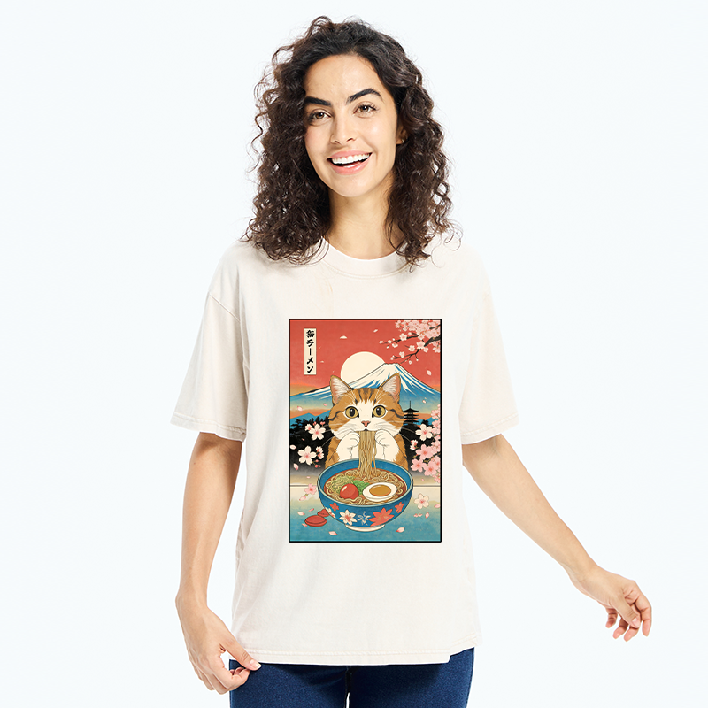 Tokyo-Tiger Orange Cat Eating Ramen Washed T-Shirt
