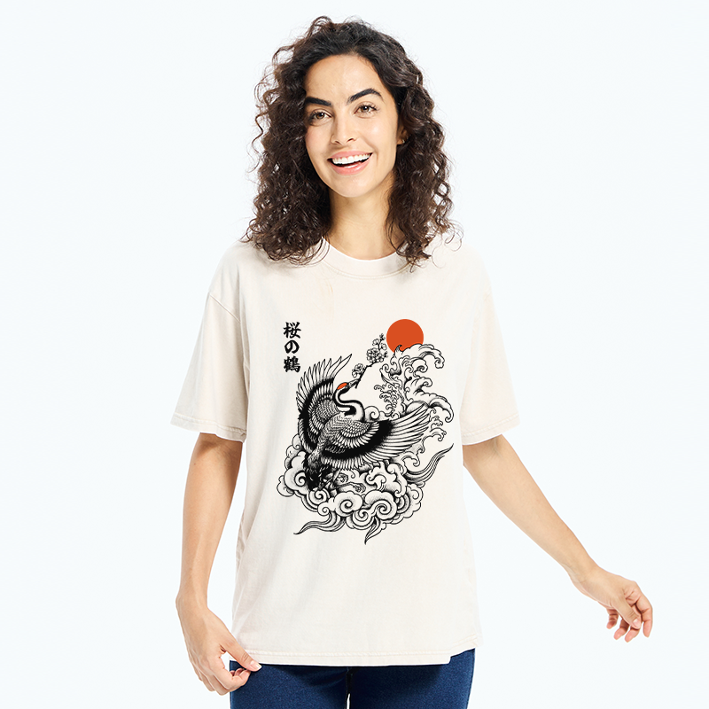 Tokyo-Tiger Sakura Crane In Flight Washed T-Shirt