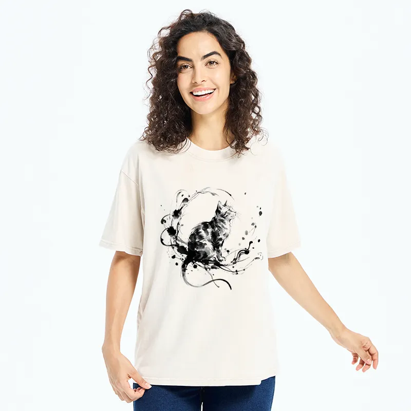 Tokyo-Tiger Ink Cat Washed T-Shirt