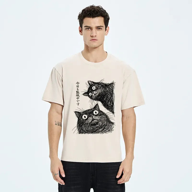 Tokyo-Tiger Two Line Cats Are Watching You Washed T-Shirt