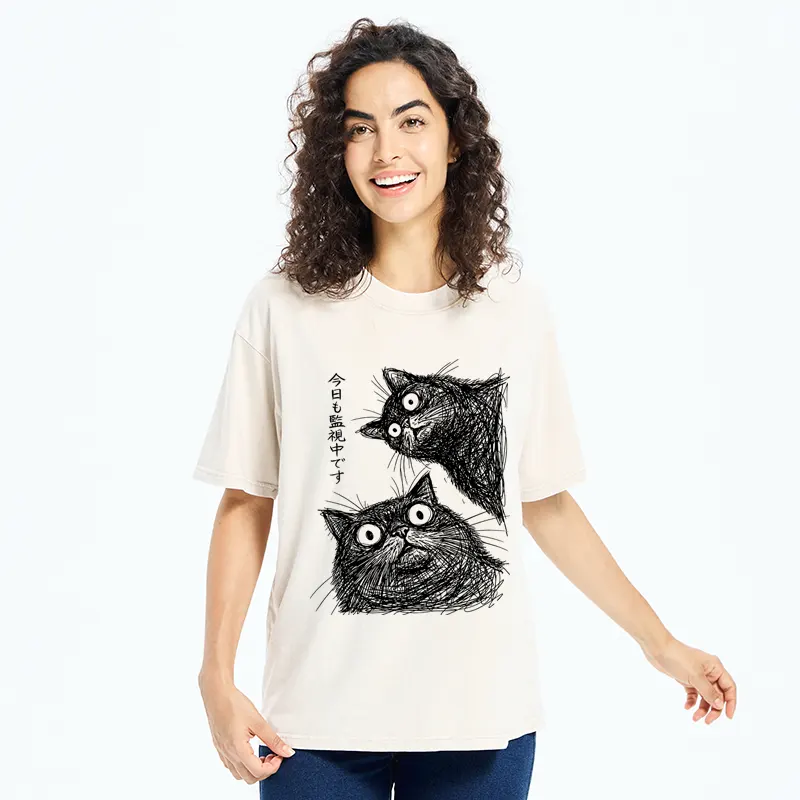 Tokyo-Tiger Two Line Cats Are Watching You Washed T-Shirt