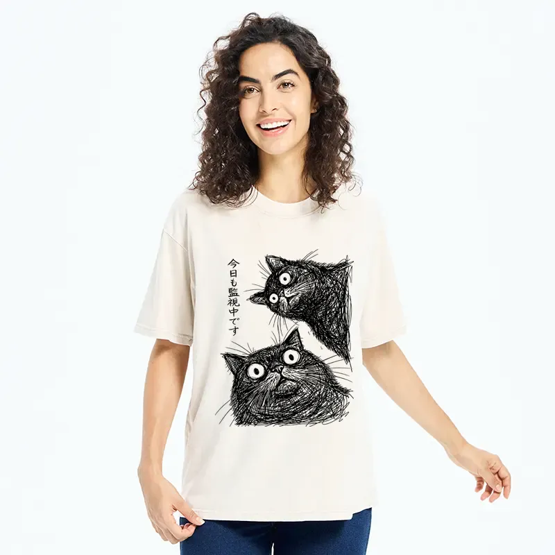 Tokyo-Tiger Two Line Cats Are Watching You Washed T-Shirt