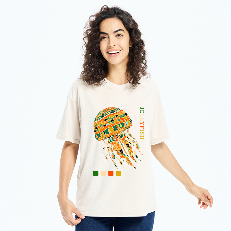 Tokyo‑Tiger Jellyfish Painting Art Washed T-Shirt