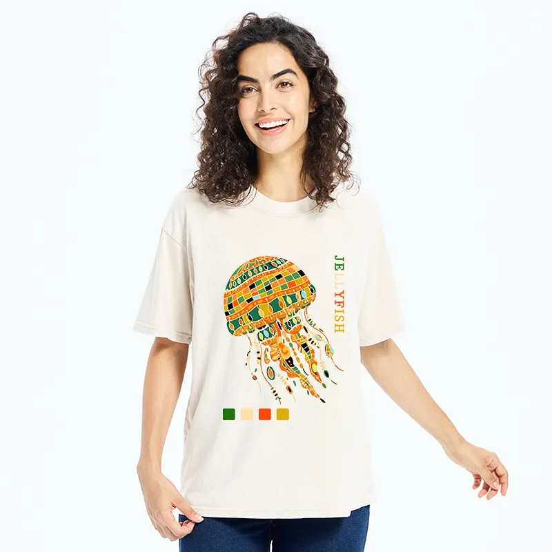 Tokyo‑Tiger Jellyfish Painting Art Washed T-Shirt