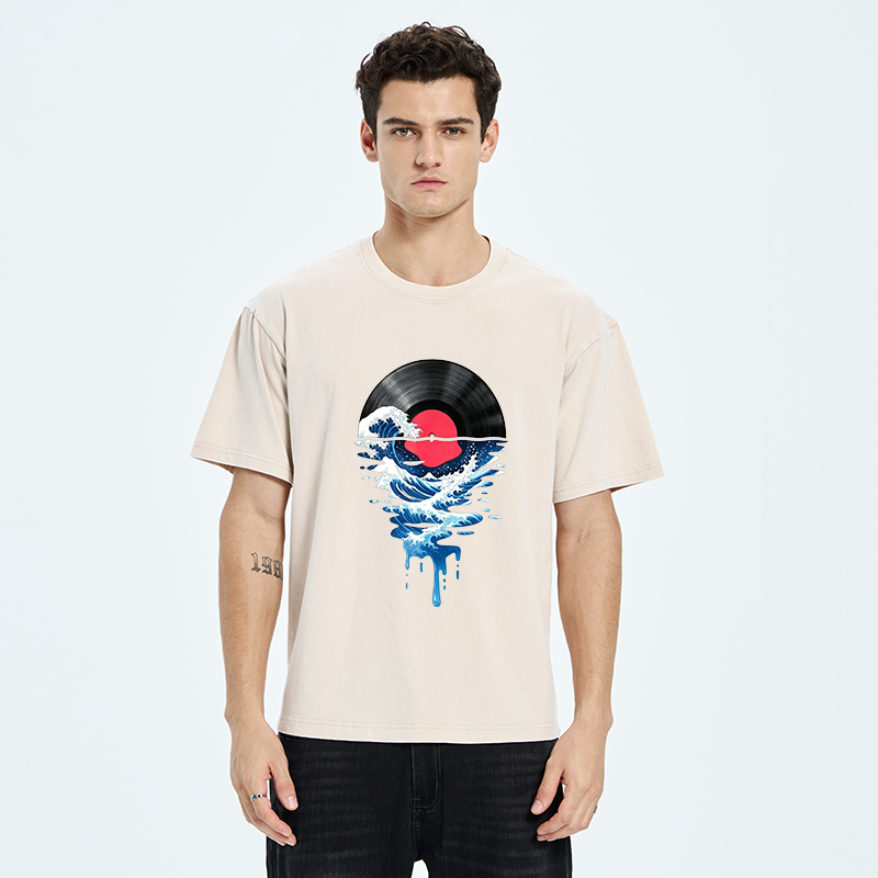 Tokyo‑Tiger Vinyl Records And Waves Washed T-Shirt