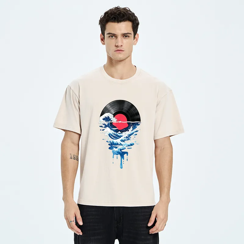 Tokyo‑Tiger Vinyl Records And Waves Washed T-Shirt