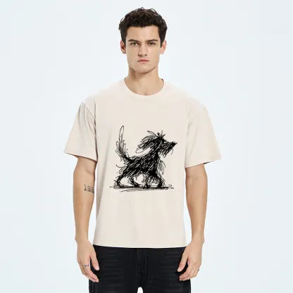Tokyo‑Tiger Dog Line Drawing Washed T-Shirt