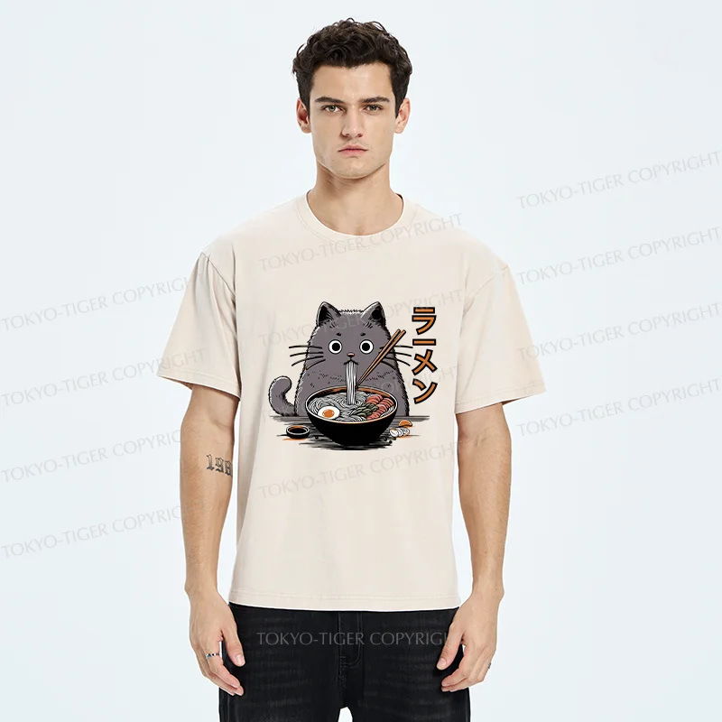 Tokyo-Tiger Kawaii Cat Ramen Washed T-Shirt