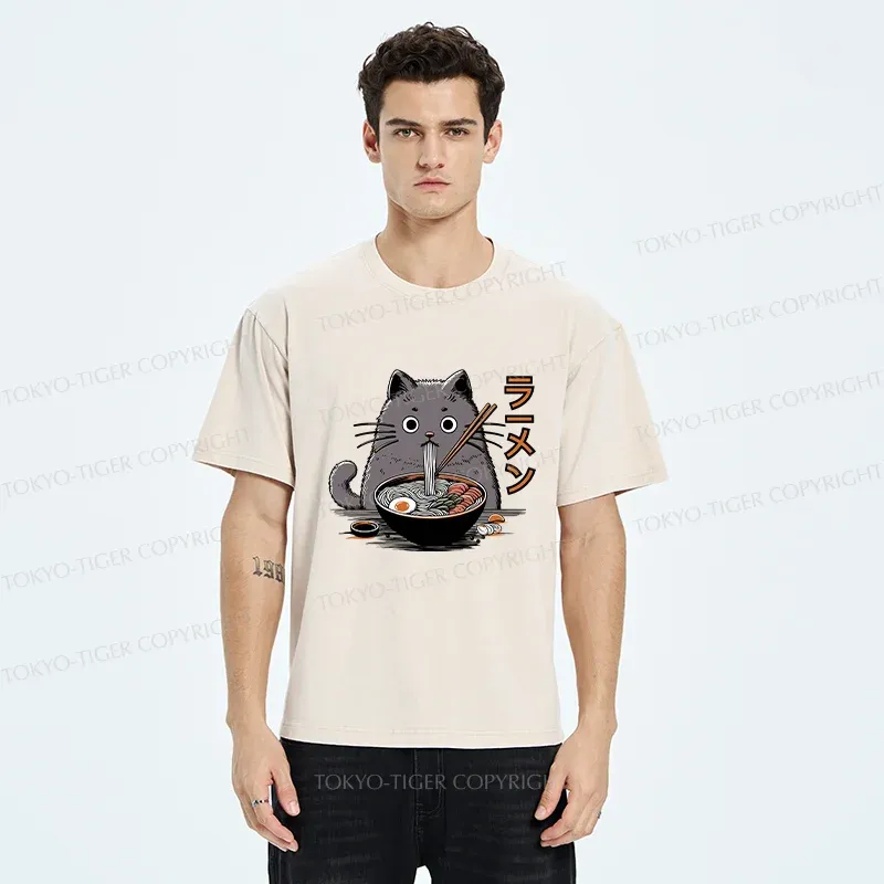 Tokyo-Tiger Kawaii Cat Ramen Washed T-Shirt