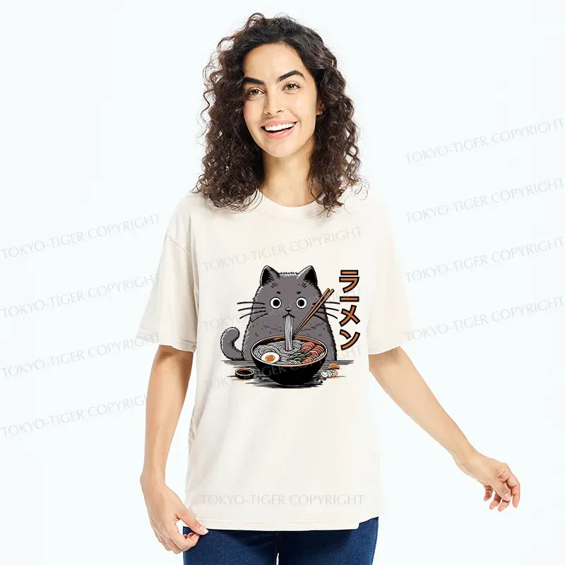 Tokyo-Tiger Kawaii Cat Ramen Washed T-Shirt