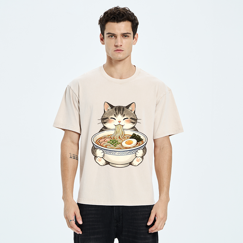Tokyo‑Tiger Funny Cat Ramen Meme Washed T‑Shirt