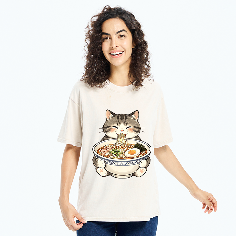 Tokyo‑Tiger Funny Cat Ramen Meme Washed T‑Shirt