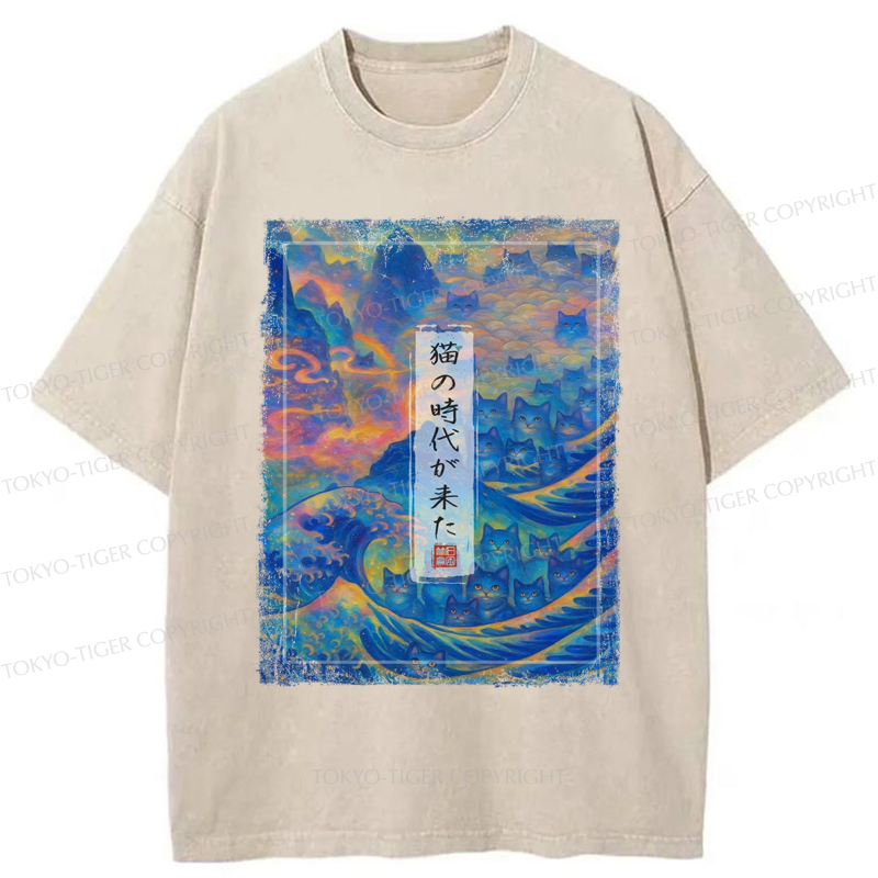 Tokyo-Tiger Riding the Feline Wave Time  Washed  T-Shirt