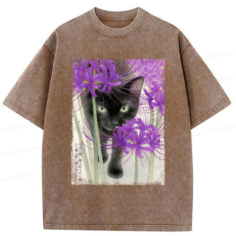Tokyo-Tiger A Cat Among The Flowers Washed T-Shirt