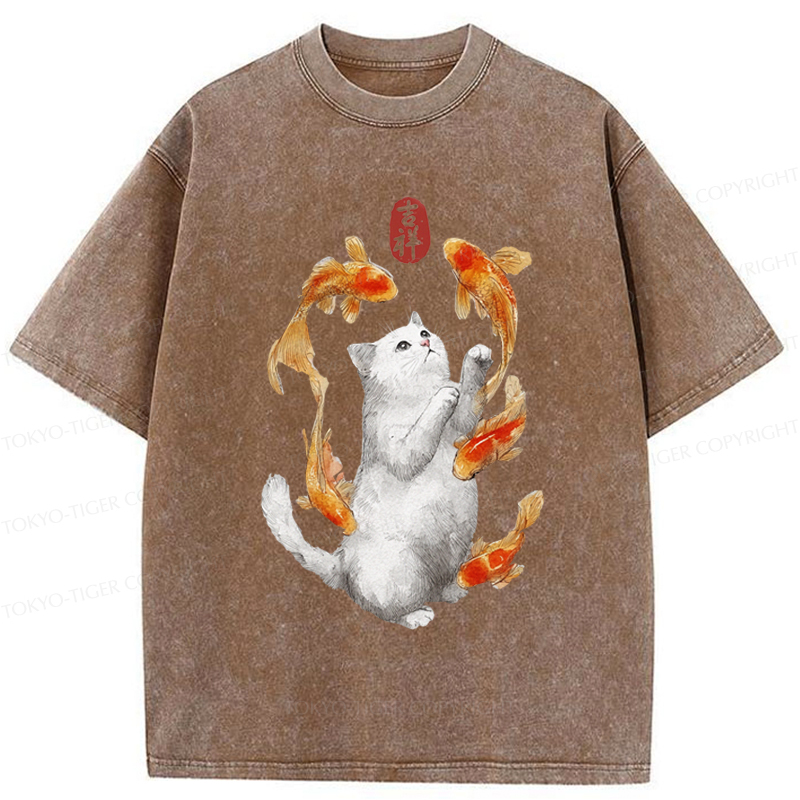 Tokyo-Tiger Zen Cat And The Dancing Fish Washed T-Shirt
