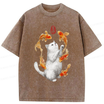 Tokyo-Tiger Zen Cat And The Dancing Fish Washed T-Shirt