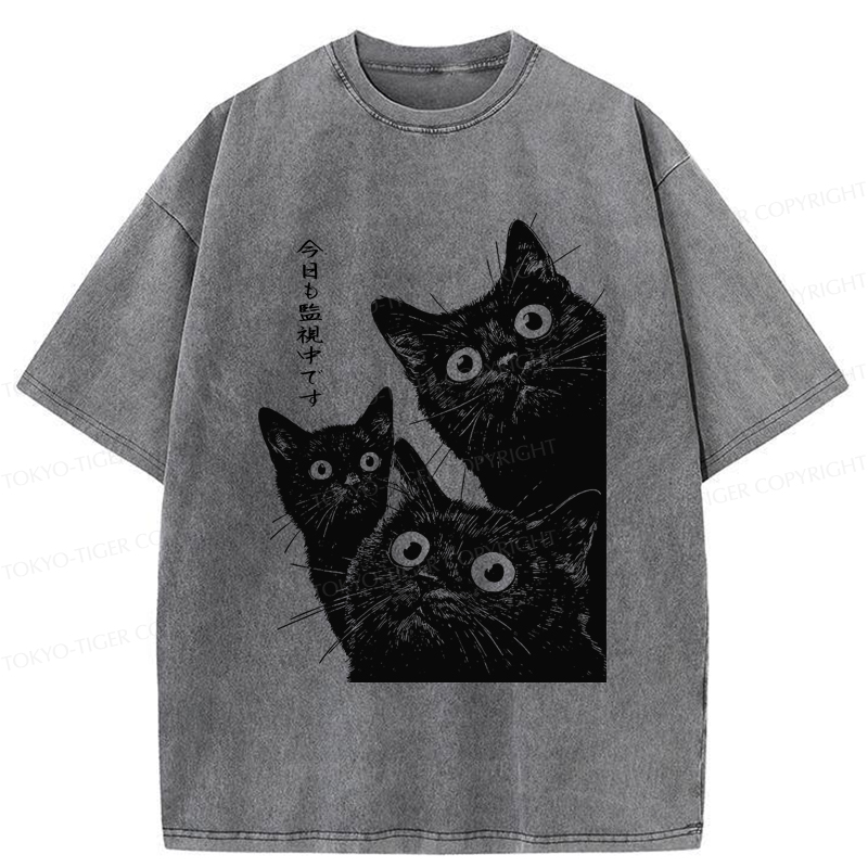 Tokyo-Tiger Three Cats Are Watching You Today Washed T-Shirt