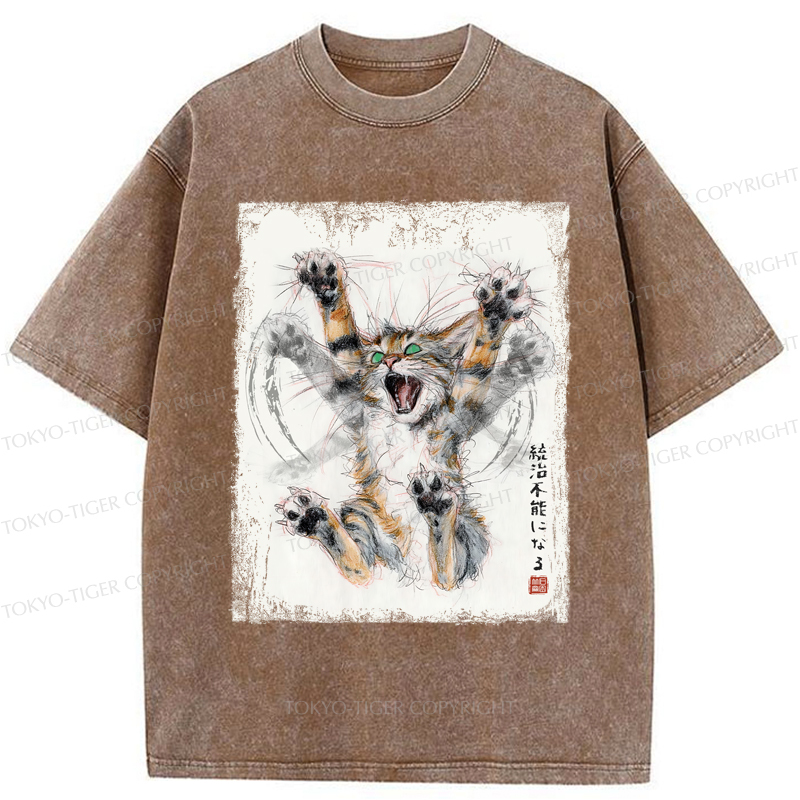 Tokyo-Tiger Funny Cat: Become Ungovernable - Ink Wash Painting Washed T-Shirt