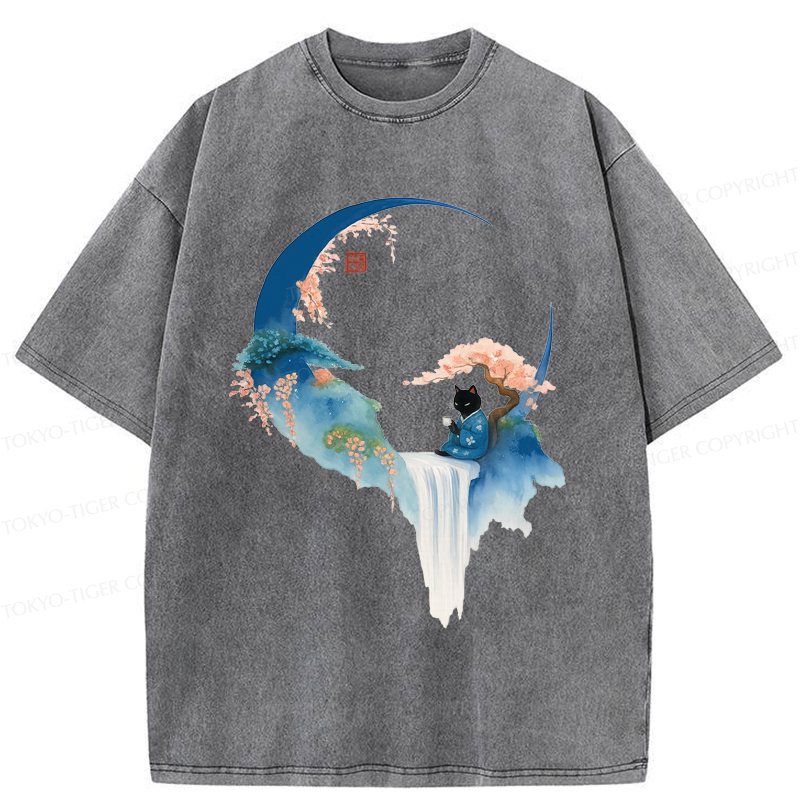 Tokyo-Tiger Tea And Tranquility: A Cat’s Zen Moment Washed T-Shirt