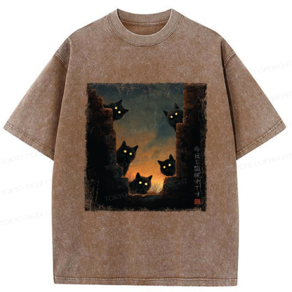 Tokyo-Tiger Five Cats Are Watching You Today Washed T-Shirt