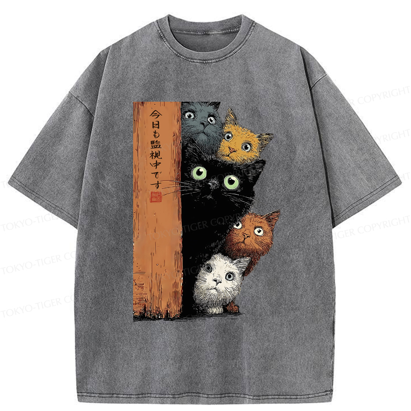 Tokyo-Tiger Five Cats Are Watching You Washed T-Shirt