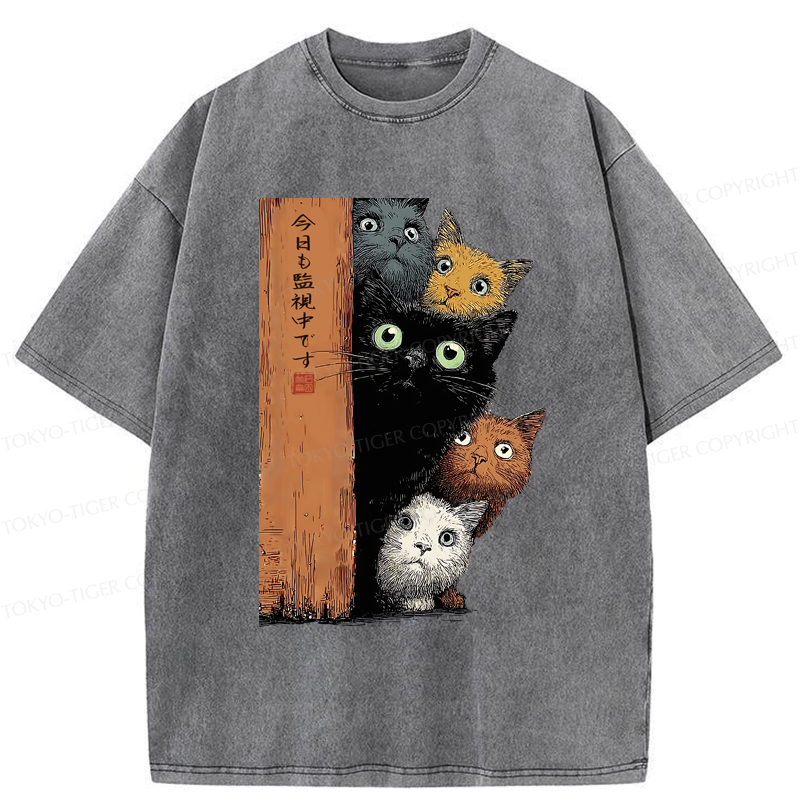 Tokyo-Tiger Five Cats Are Watching You Washed T-Shirt