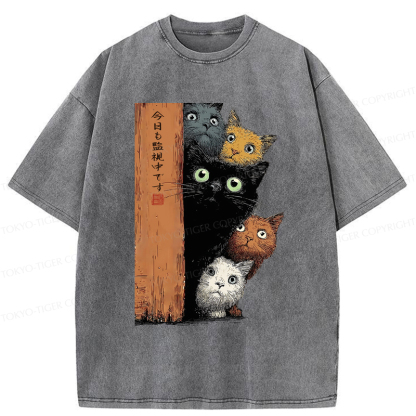 Tokyo-Tiger Five Cats Are Watching You Washed T-Shirt