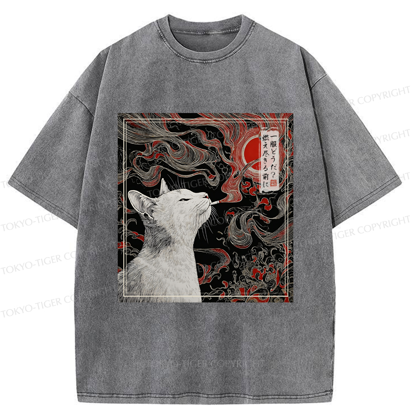 Tokyo-Tiger Vintage Japanese Smoking Cat Washed T-Shirt