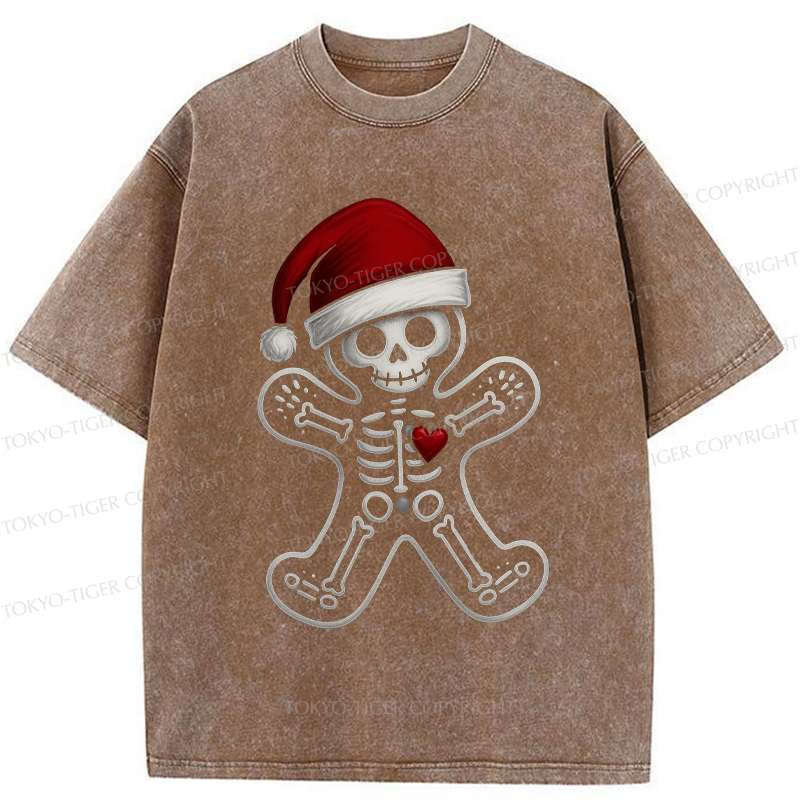Tokyo-Tiger Funny Christmas Skull Gingerbread Man Washed T-Shirt