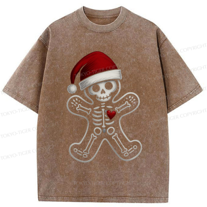 Tokyo-Tiger Funny Christmas Skull Gingerbread Man Washed T-Shirt