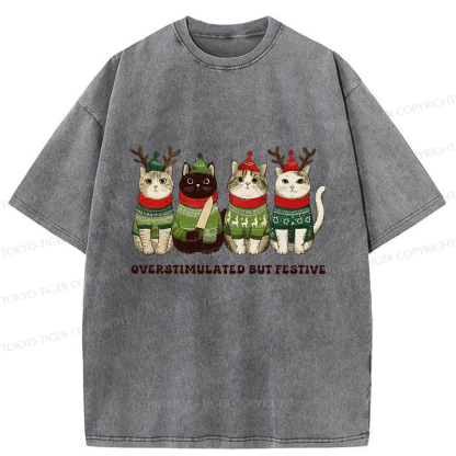 Tokyo-Tiger Overstimulated But Festive Cat Christmas Washed T-Shirt