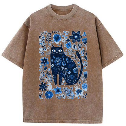 Tokyo-Tiger A Cat Among Flowers Washed T-Shirt